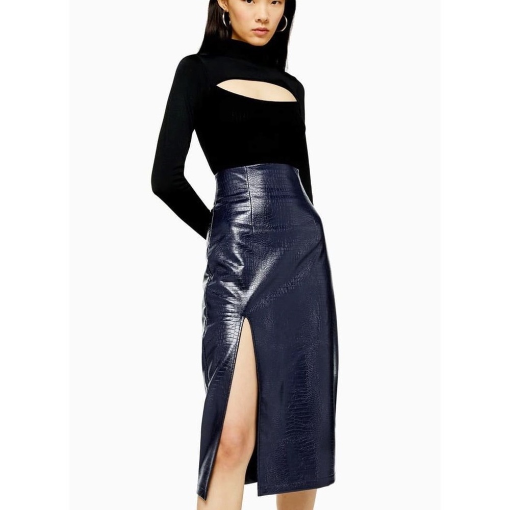 Topshop Navy Blue Croc Faux Leather Pencil Skirt